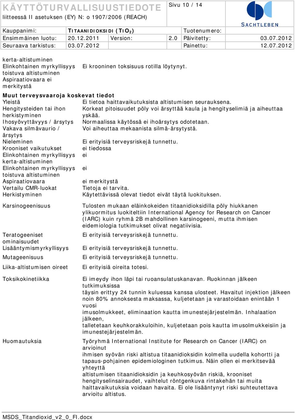 Hengitysteiden tai ihon herkistyminen Korkeat pitoisuudet pöly voi ärsyttää kaula ja hengityselimiä ja aiheuttaa yskää. Ihosyövyttävyys / ärsytys Normaalissa käytössä ei ihoärsytys odotetaan.