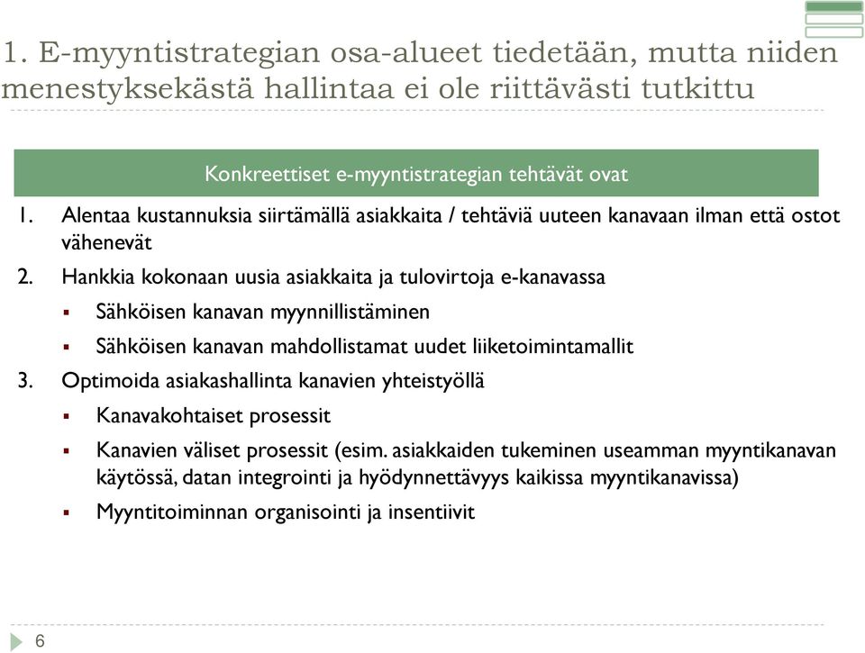 Hankkia kokonaan uusia asiakkaita ja tulovirtoja e-kanavassa Sähköisen kanavan myynnillistäminen Sähköisen kanavan mahdollistamat uudet liiketoimintamallit 3.