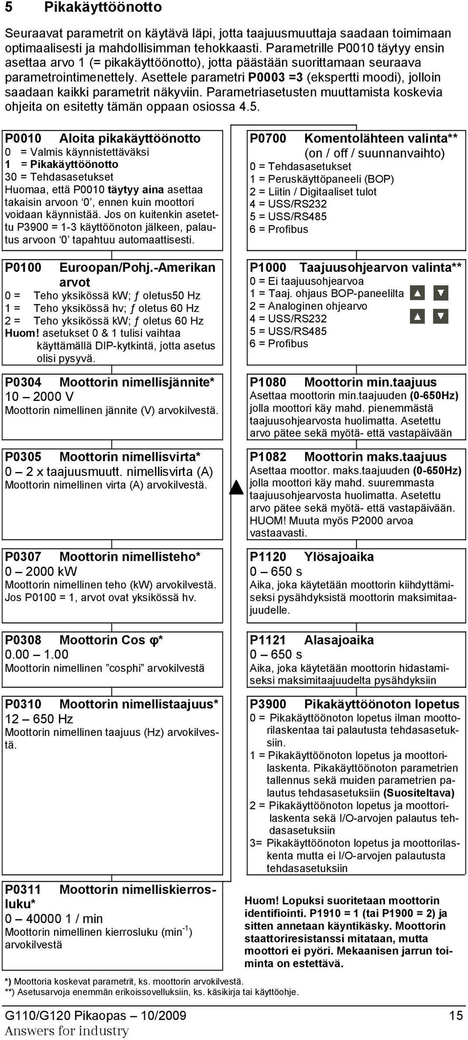 Asettele parametri P0003 =3 (ekspertti moodi), jolloin saadaan kaikki parametrit näkyviin. Parametriasetusten muuttamista koskevia ohjeita on esitetty tämän oppaan osiossa 4.5.