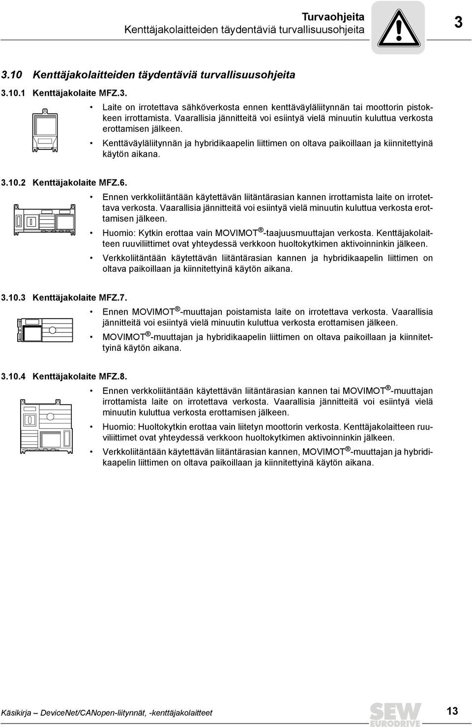 10.2 Kenttäjakolaite MFZ.6. Ennen verkkoliitäntään käytettävän liitäntärasian kannen irrottamista laite on irrotettava verkosta.