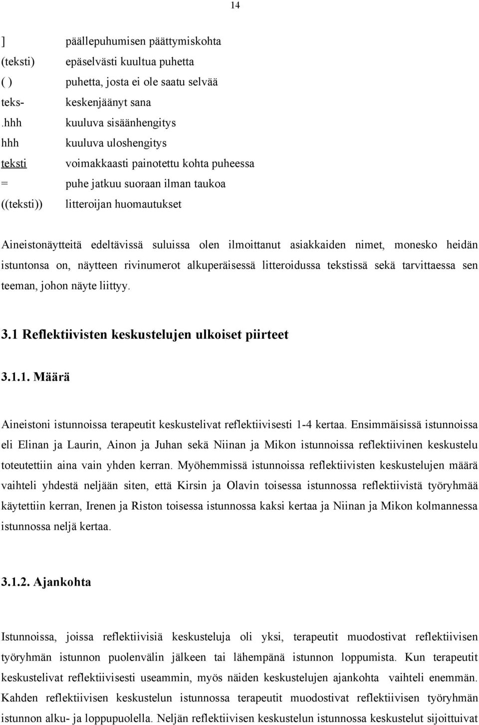 suluissa olen ilmoittanut asiakkaiden nimet, monesko heidän istuntonsa on, näytteen rivinumerot alkuperäisessä litteroidussa tekstissä sekä tarvittaessa sen teeman, johon näyte liittyy. 3.