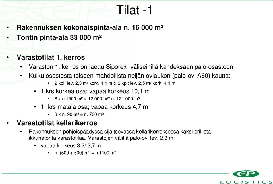 4,4 m & 2 kpl: lev. 2,5 m/ kork. 4,4 m 1.krs korkea osa; vapaa korkeus 10,1 m 8 x n.1500 m² = 12 000 m²/ n. 121 000 m3 1. krs matala osa; vapaa korkeus 4,7 m 8 x n.