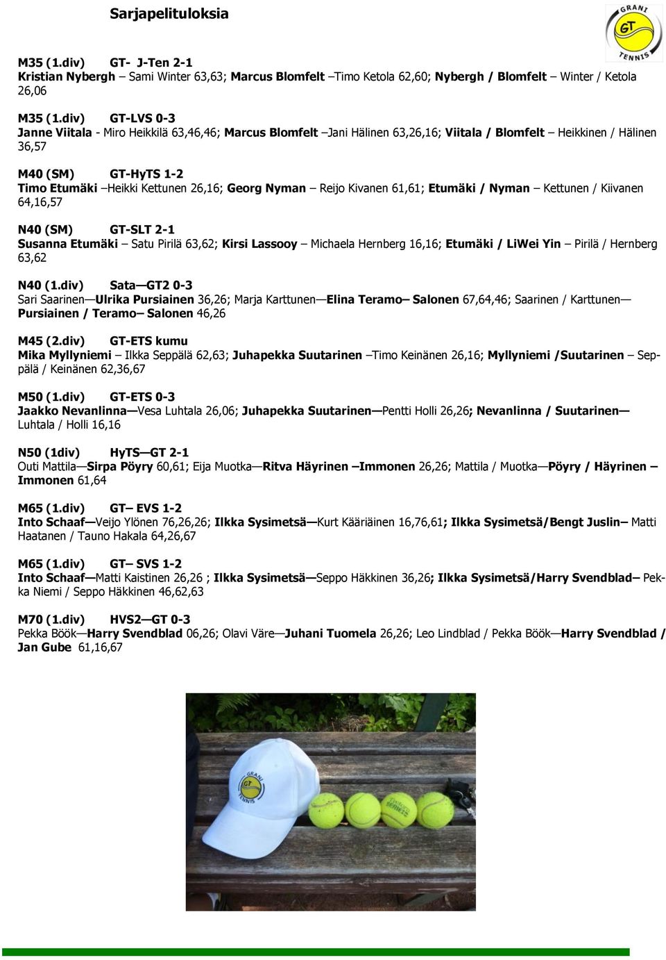 Georg Nyman Reijo Kivanen 61,61; Etumäki / Nyman Kettunen / Kiivanen 64,16,57 N40 (SM) GT-SLT 2-1 Susanna Etumäki Satu Pirilä 63,62; Kirsi Lassooy Michaela Hernberg 16,16; Etumäki / LiWei Yin Pirilä