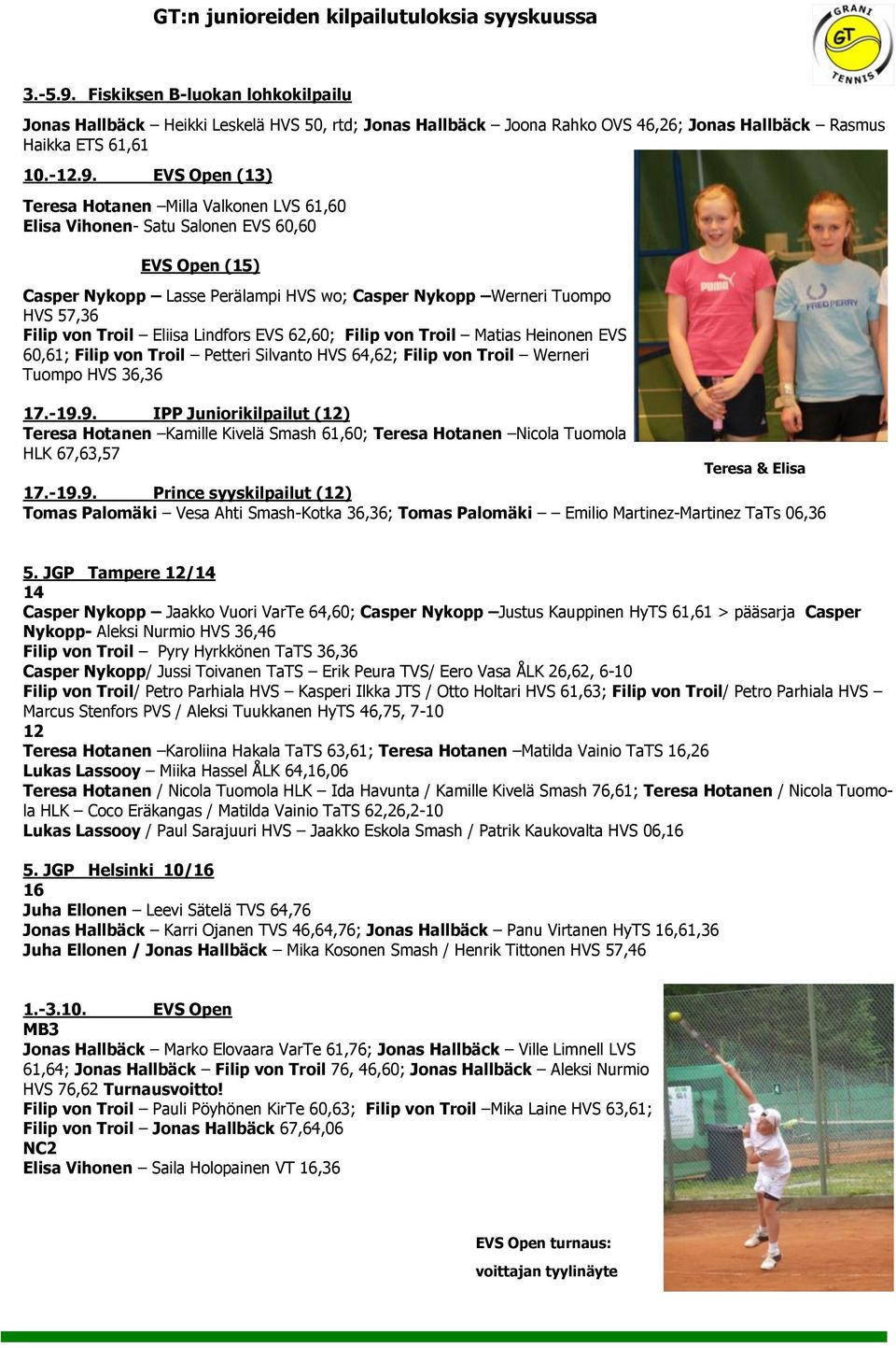EVS Open (13) Teresa Hotanen Milla Valkonen LVS 61,60 Elisa Vihonen- Satu Salonen EVS 60,60 EVS Open (15) Casper Nykopp Lasse Perälampi HVS wo; Casper Nykopp Werneri Tuompo HVS 57,36 Filip von Troil