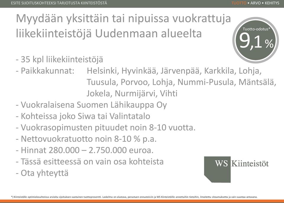 Nummi-Pusula, Mäntsälä, Jokela, Nurmijärvi, Vihti - Vuokralaisena Suomen Lähikauppa Oy - Kohteissa joko Siwa tai Valintatalo -