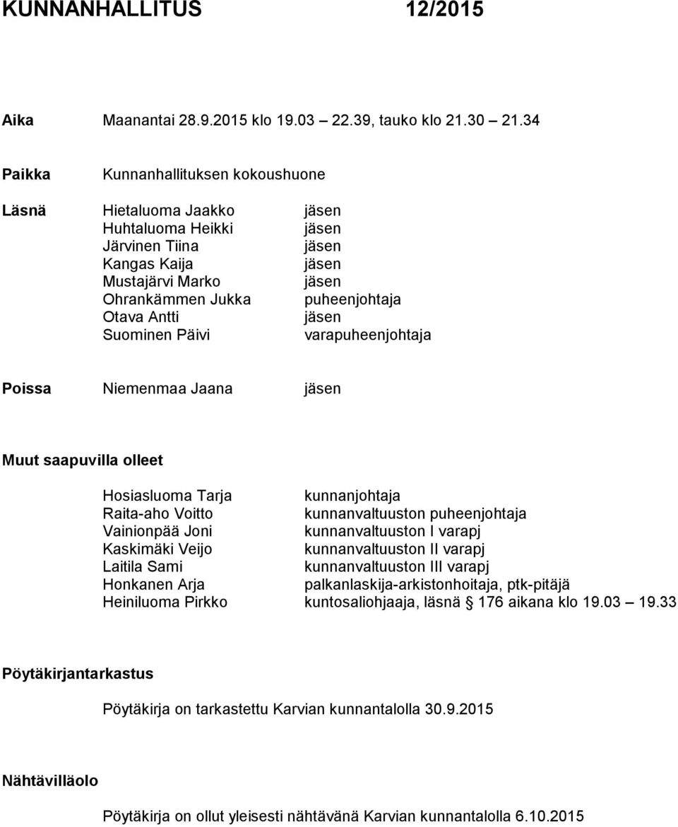 Antti jäsen Suominen Päivi varapuheenjohtaja Poissa Niemenmaa Jaana jäsen Muut saapuvilla olleet Hosiasluoma Tarja kunnanjohtaja Raita-aho Voitto kunnanvaltuuston puheenjohtaja Vainionpää Joni