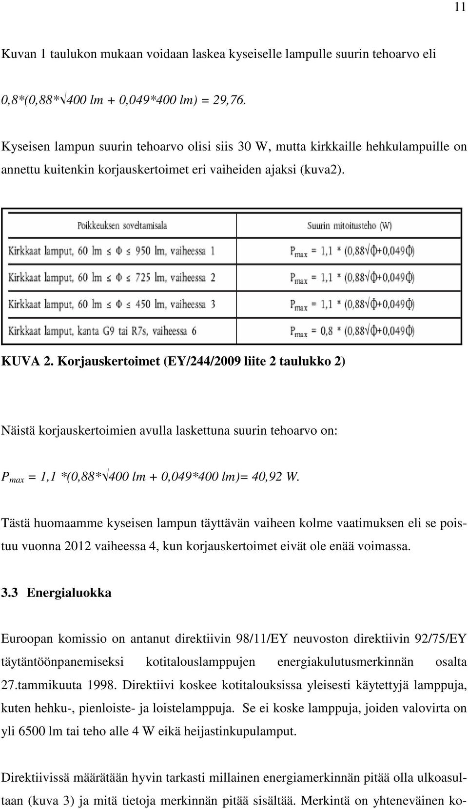 Korjauskertoimet (EY/244/2009 liite 2 taulukko 2) Näistä korjauskertoimien avulla laskettuna suurin tehoarvo on: P max = 1,1 *(0,88* 400 lm + 0,049*400 lm)= 40,92 W.