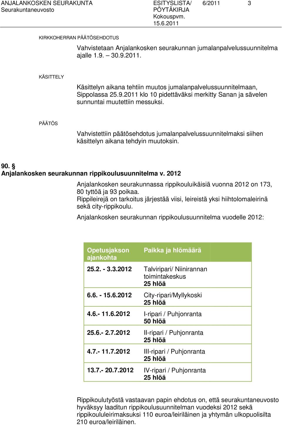 Anjalankosken seurakunnan rippikoulusuunnitelma v. 2012 Anjalankosken seurakunnassa rippikouluikäisiä vuonna 2012 on 173, 80 tyttöä ja 93 poikaa.