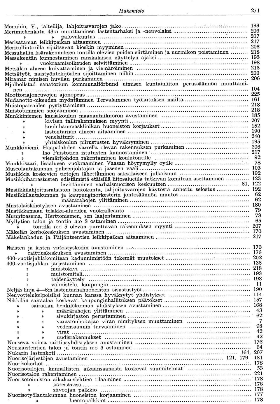 ajaksi 193 vuokraamisoikeuden selvittäminen 198 Metsälän alueen kuivattaminen ja viemäröiminen 216 Metsätyöt, naistyöntekijöiden sijoittaminen niihin 200 Miramar nimisen huvilan purkaminen 206