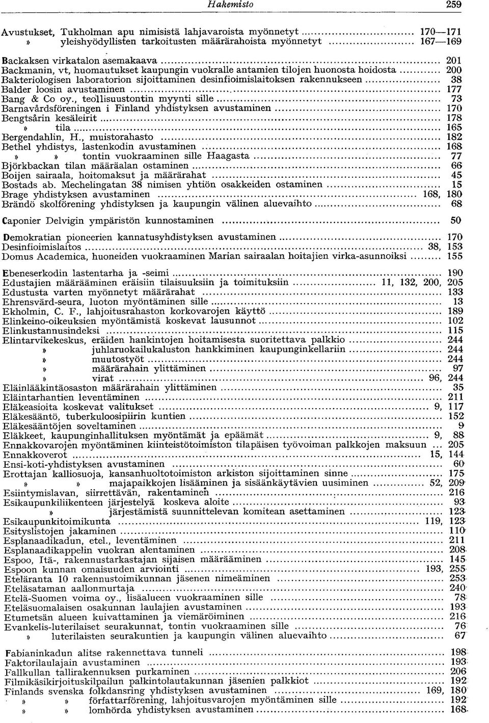 , teollisuustontin myynti sille 73 Barnavardsföreningen i Finland yhdistyksen avustaminen 170 Bengtsárin kesäleirit 178 tila 165 Bergendahlin, H.