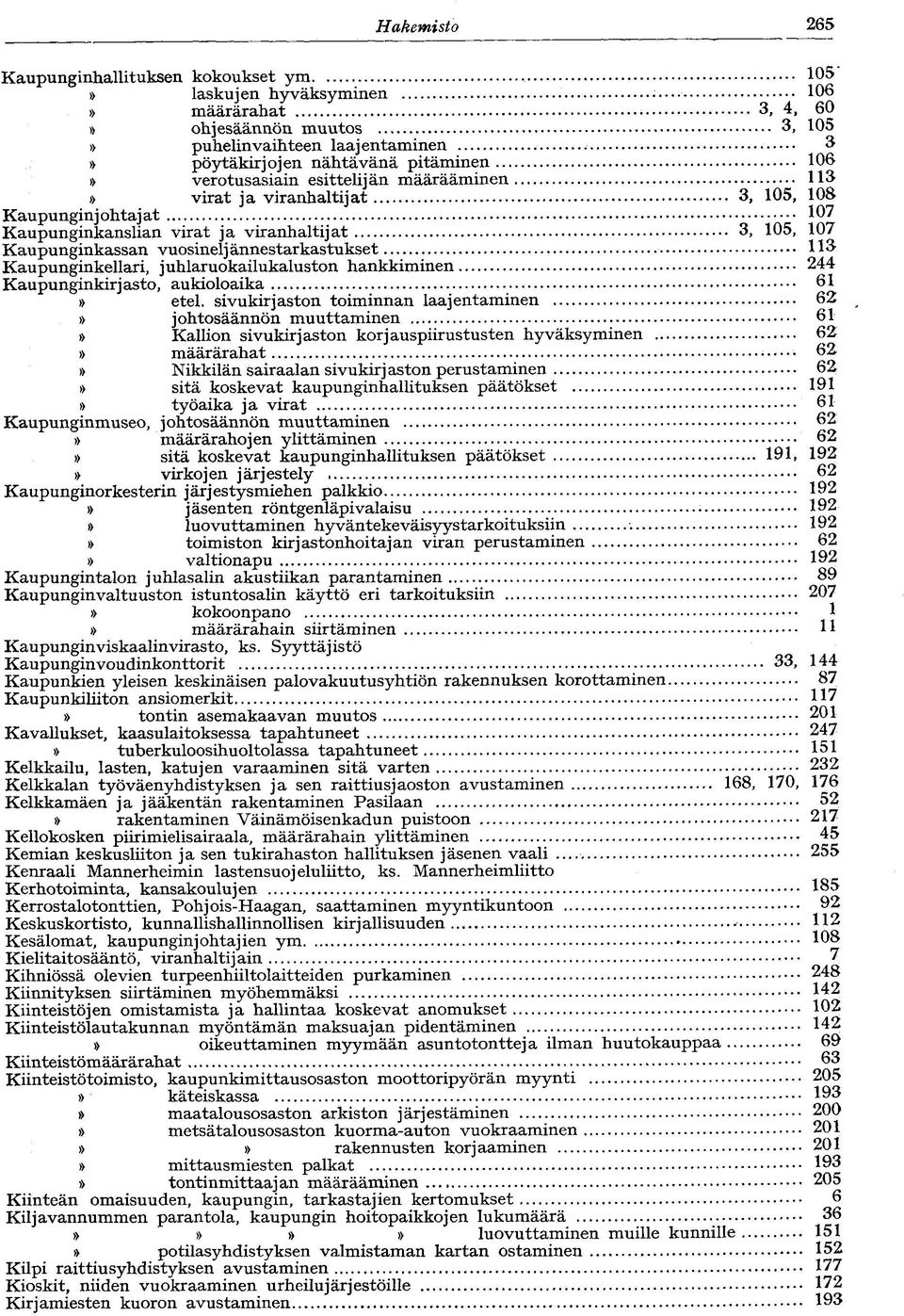 Kaupunginkellari, juhlaruokailukaluston hankkiminen 244 Kaupunginkirjasto, aukioloaika 61 etel.