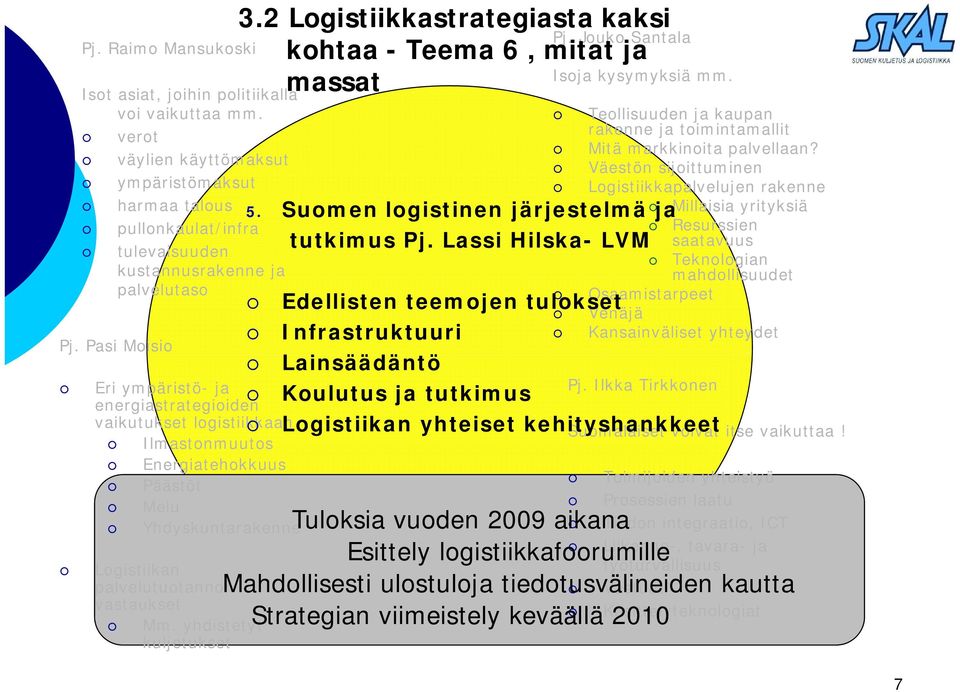 yhdistetyt kuljetukset.2 Logistiikkastrategiasta kaksi kohtaa - Teema 6, mitat ja massat Pj. Jouko Santala Isoja kysymyksiä mm.. Suomen logistinen järjestelmä ja tutkimus Pj.