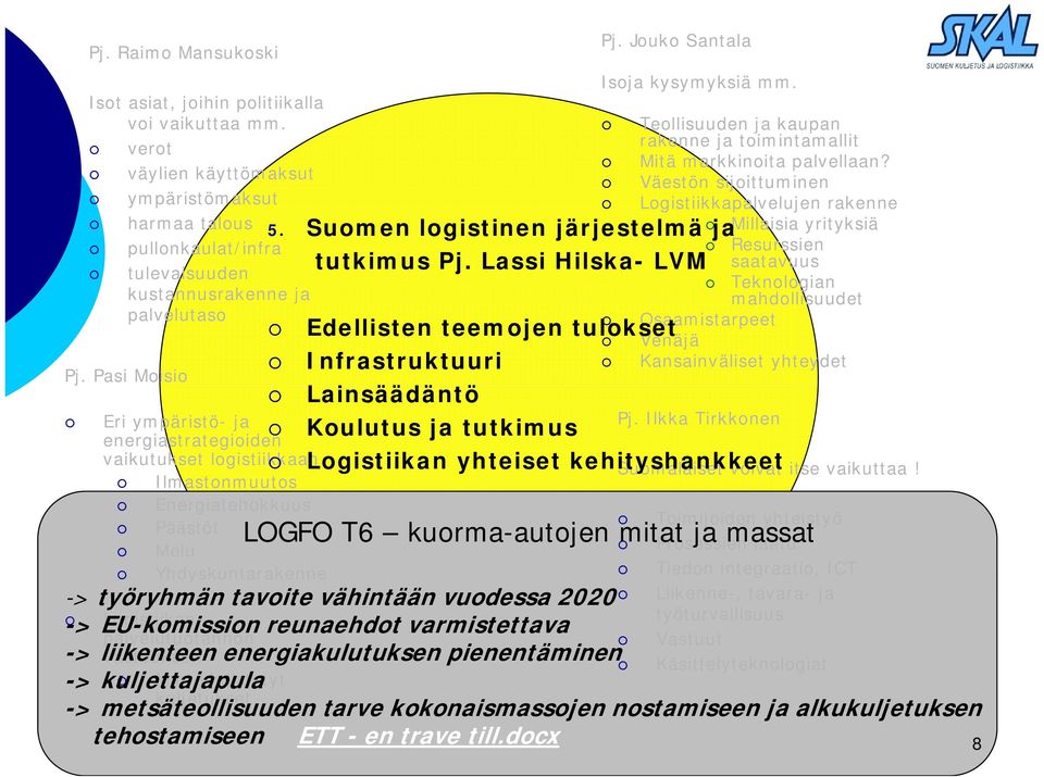 Mm. yhdistetyt kuljetukset Pj. Jouko Santala Isoja kysymyksiä mm.. Suomen logistinen järjestelmä ja tutkimus Pj.