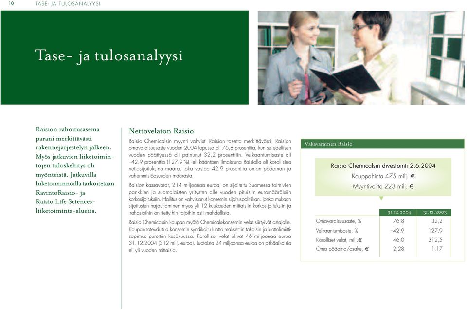 Raision omavaraisuusaste vuoden 2004 lopussa oli 76,8 prosenttia, kun se edellisen vuoden päättyessä oli painunut 32,2 prosenttiin.