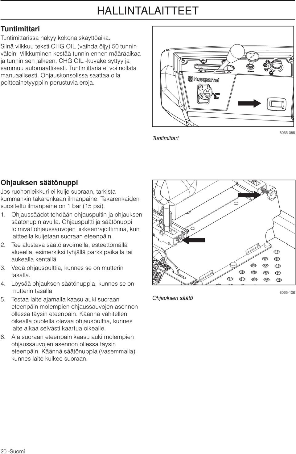 HALLINTALAITTEET Tuntimittari 8065-085 Ohjauksen säätönuppi Jos ruohonleikkuri ei kulje suoraan, tarkista kummankin takarenkaan ilmanpaine. Takarenkaiden suositeltu ilmanpaine on 1 