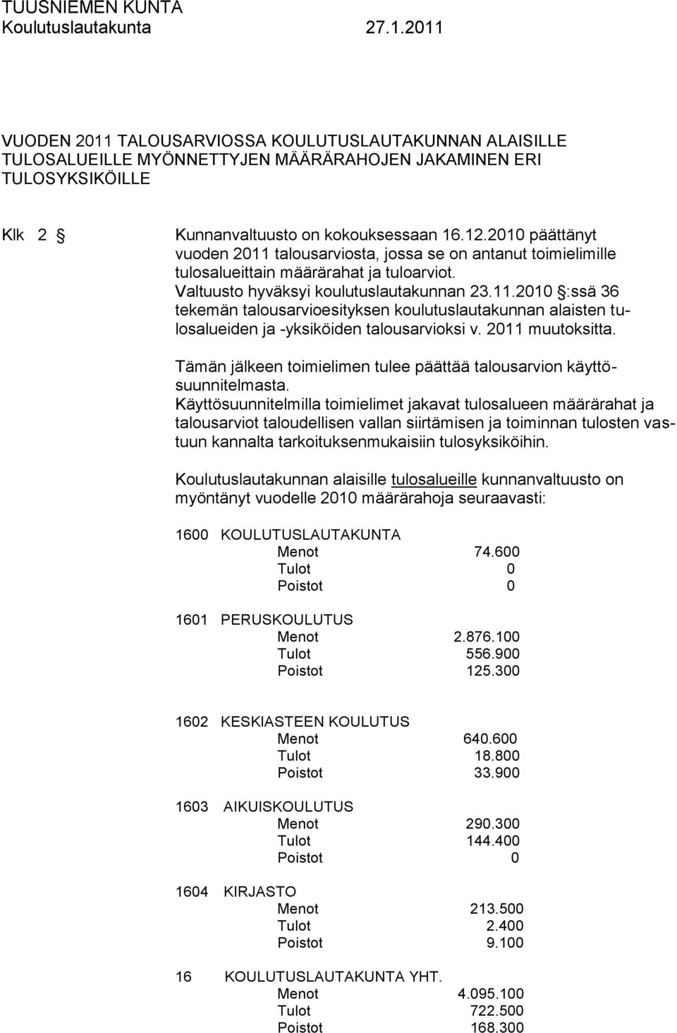 2011 muutoksitta. Tämän jälkeen toimielimen tulee päättää talousarvion käyttösuunnitelmasta.