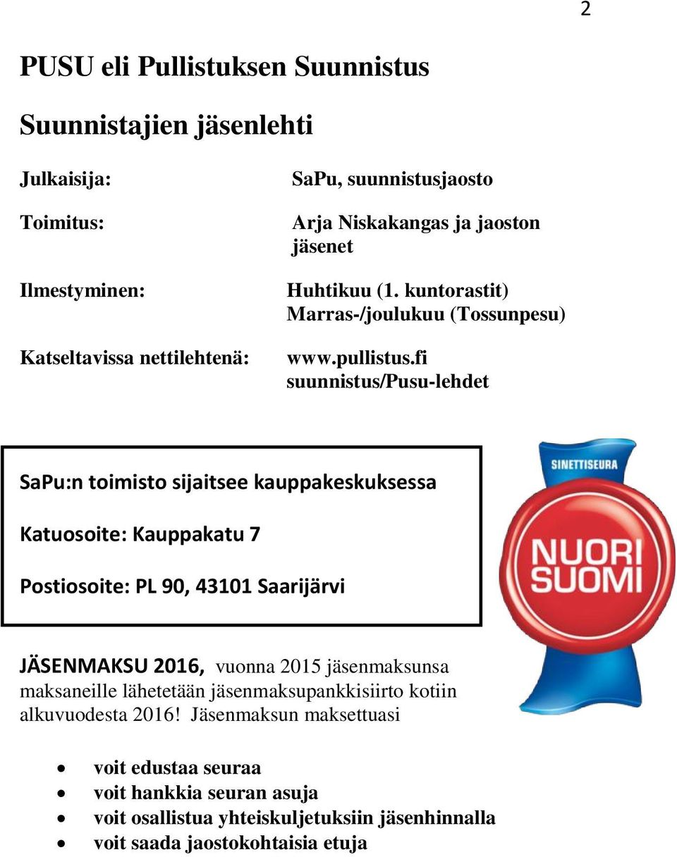 fi suunnistus/pusu-lehdet SaPu:n toimisto sijaitsee kauppakeskuksessa Katuosoite: Kauppakatu 7 Postiosoite: PL 90, 43101 Saarijärvi JÄSENMAKSU 2016, vuonna 2015