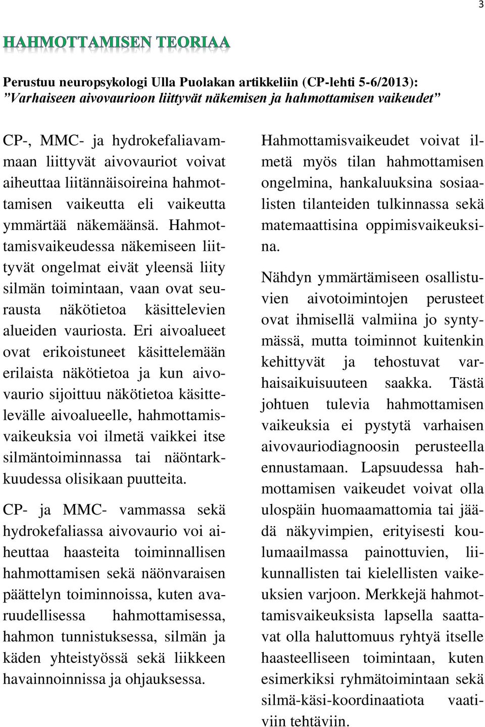 Hahmottamisvaikeudessa näkemiseen liittyvät ongelmat eivät yleensä liity silmän toimintaan, vaan ovat seurausta näkötietoa käsittelevien alueiden vauriosta.