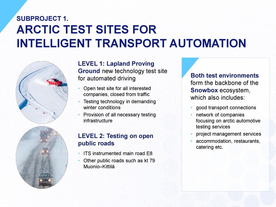 companies, closed from traffic Testing technology in demanding winter conditions Provision of all necessary testing infrastructure LEVEL 2: Testing on open public roads