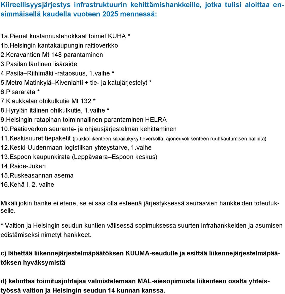 Metro Matinkylä Kivenlahti + tie- ja katujärjestelyt * 6.Pisararata * 7.Klaukkalan ohikulkutie Mt 132 * 8.Hyrylän itäinen ohikulkutie, 1.vaihe * 9.