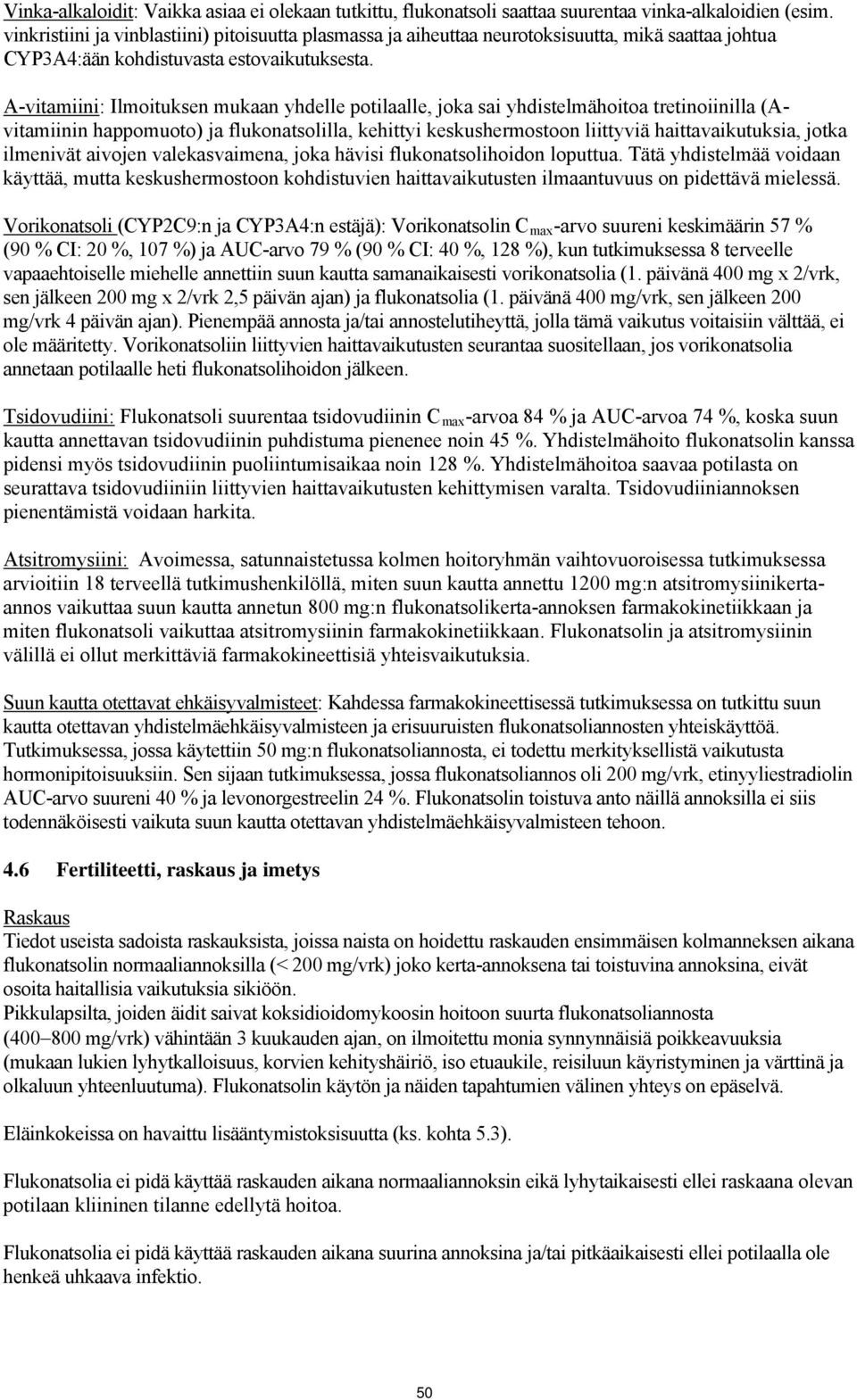 A-vitamiini: Ilmoituksen mukaan yhdelle potilaalle, joka sai yhdistelmähoitoa tretinoiinilla (Avitamiinin happomuoto) ja flukonatsolilla, kehittyi keskushermostoon liittyviä haittavaikutuksia, jotka