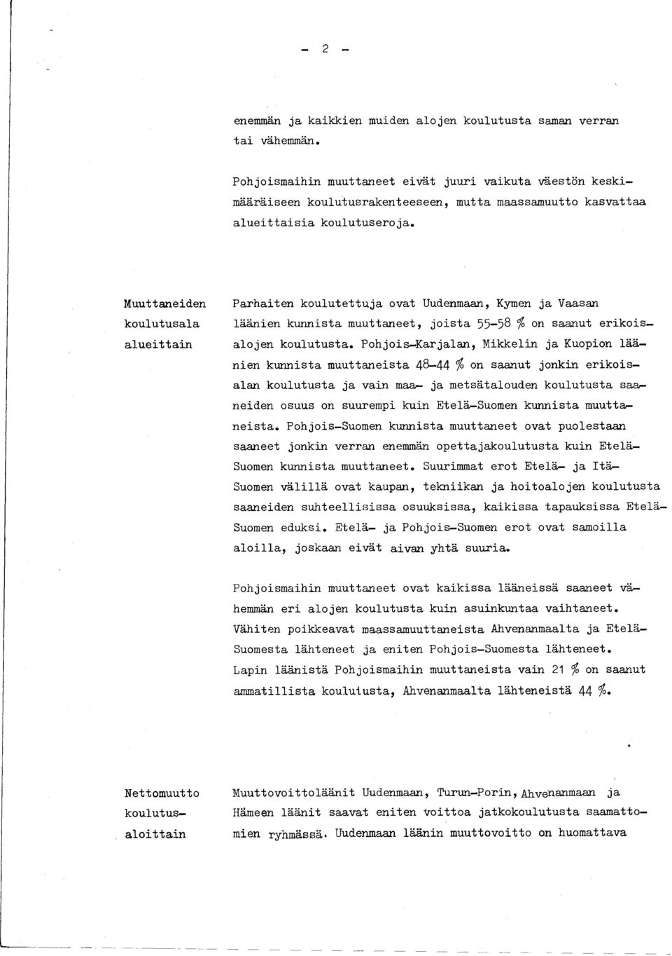 Muuttaneiden ala alueittain Parhaiten koulutettuja ovat Uudenmaan, Kymen ja Vaasan läänien kunnista muuttaneet, joista 55-58 5^ on saanut erikoisalojen ta.