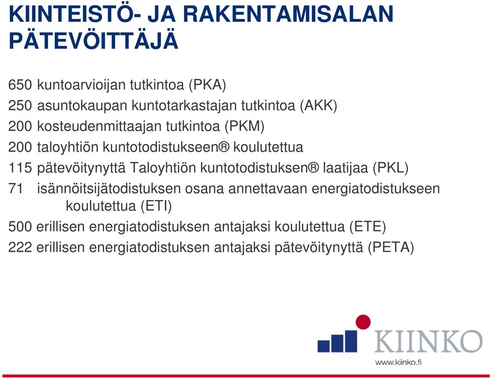 Taloyhtiön kuntotodistuksen laatijaa (PKL) 71 isännöitsijätodistuksen osana annettavaan energiatodistukseen koulutettua