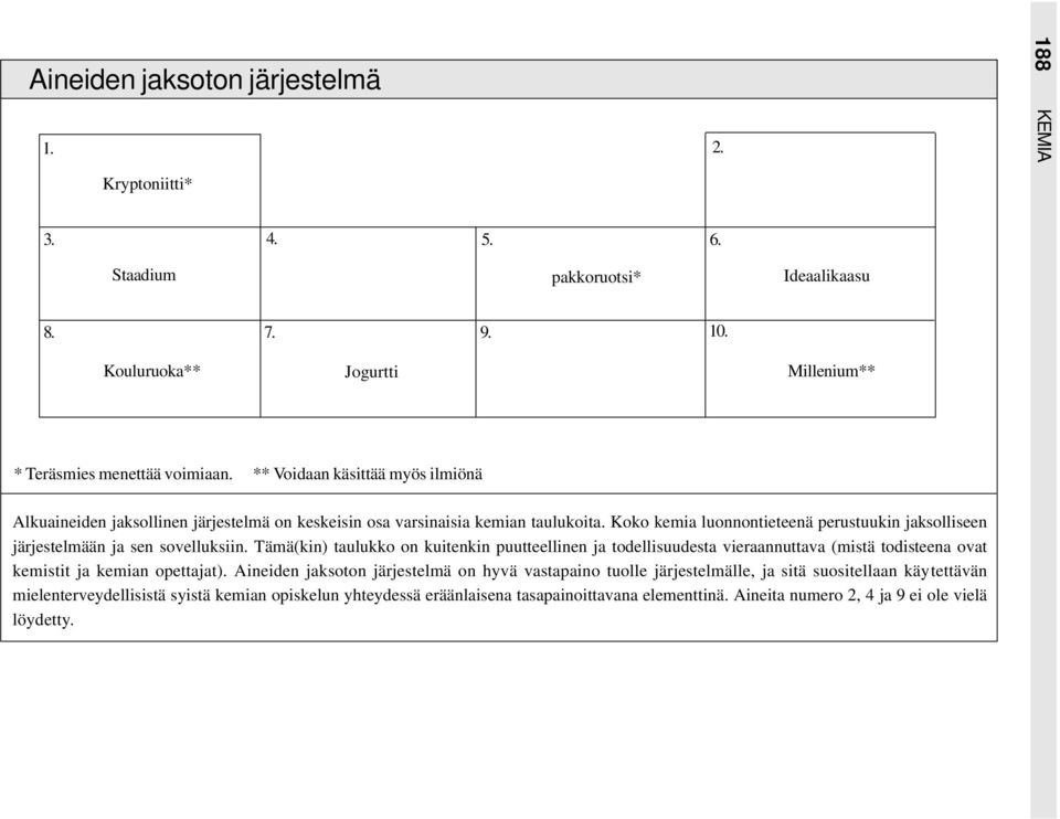 Koko kemia luonnontieteenä perustuukin jaksolliseen järjestelmään ja sen sovelluksiin.