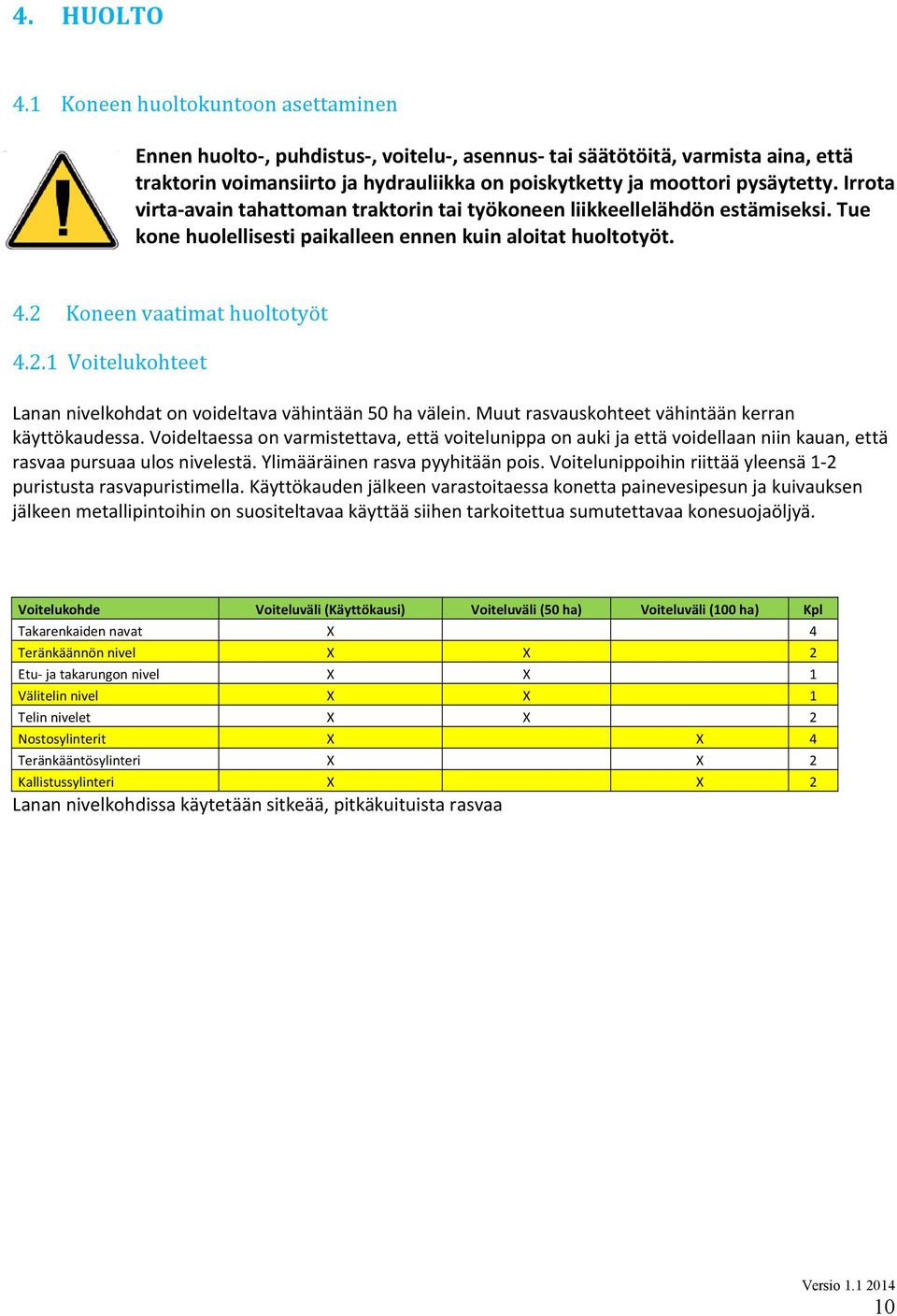 Irrota virta avain tahattoman traktorin tai työkoneen liikkeellelähdön estämiseksi. Tue kone huolellisesti paikalleen ennen kuin aloitat huoltotyöt. 4.2 