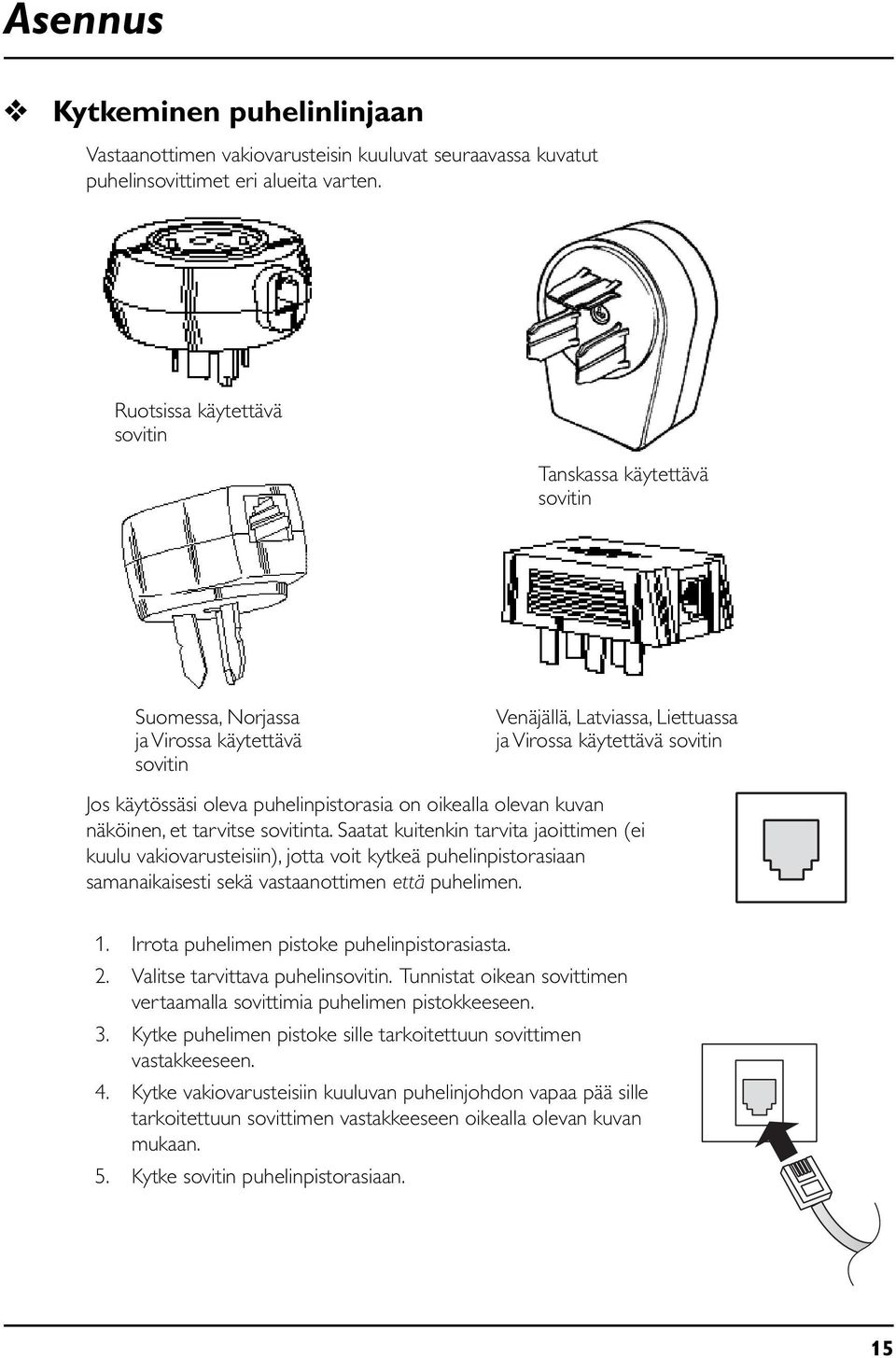 puhelinpistorasia on oikealla olevan kuvan näköinen, et tarvitse sovitinta.