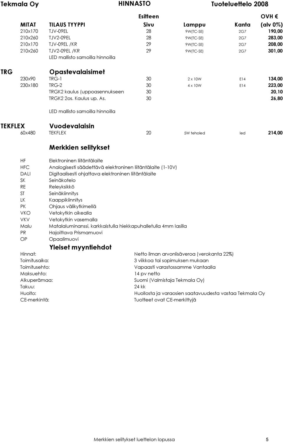 30 26,80 TEKFLEX Vuodevalaisin 60x480 TEKFLEX 20 5W teholed led 214,00 HF HFC DALI SK RE ST LK PK VKO VKV Malu PR OP Merkkien selitykset Elektroninen liitäntälaite Analogisesti säädettävä