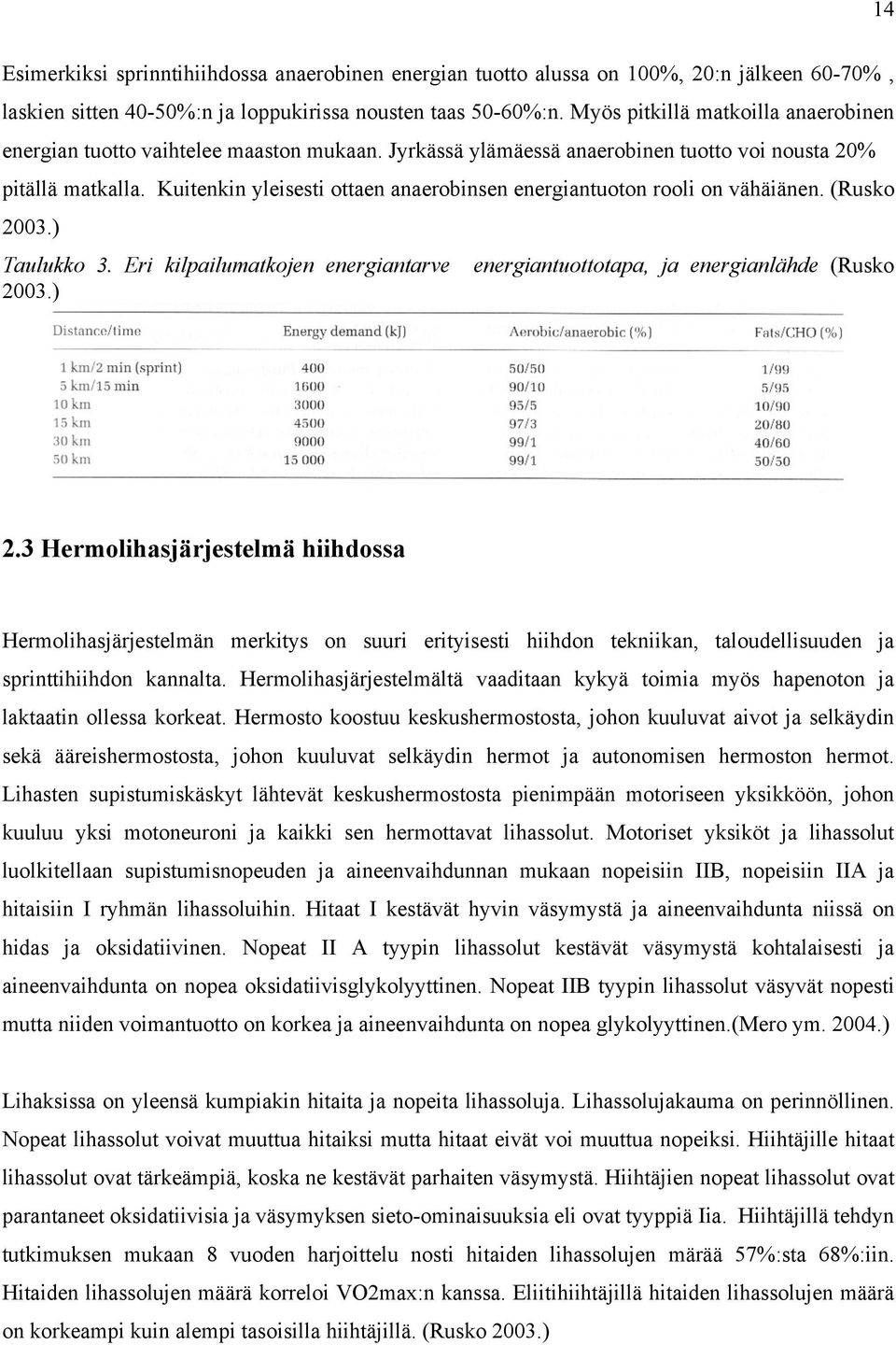 Kuitenkin yleisesti ottaen anaerobinsen energiantuoton rooli on vähäiänen. (Rusko 2003.) Taulukko 3. Eri kilpailumatkojen energiantarve energiantuottotapa, ja energianlähde (Rusko 2003.) 2.