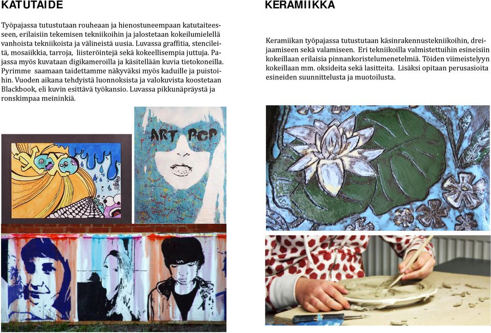 Pyrimme saamaan taidettamme näkyväksi myös kaduille ja puistoihin. Vuoden aikana tehdyistä luonnoksista ja valokuvista koostetaan Blackbook, eli kuvin esittävä työkansio.