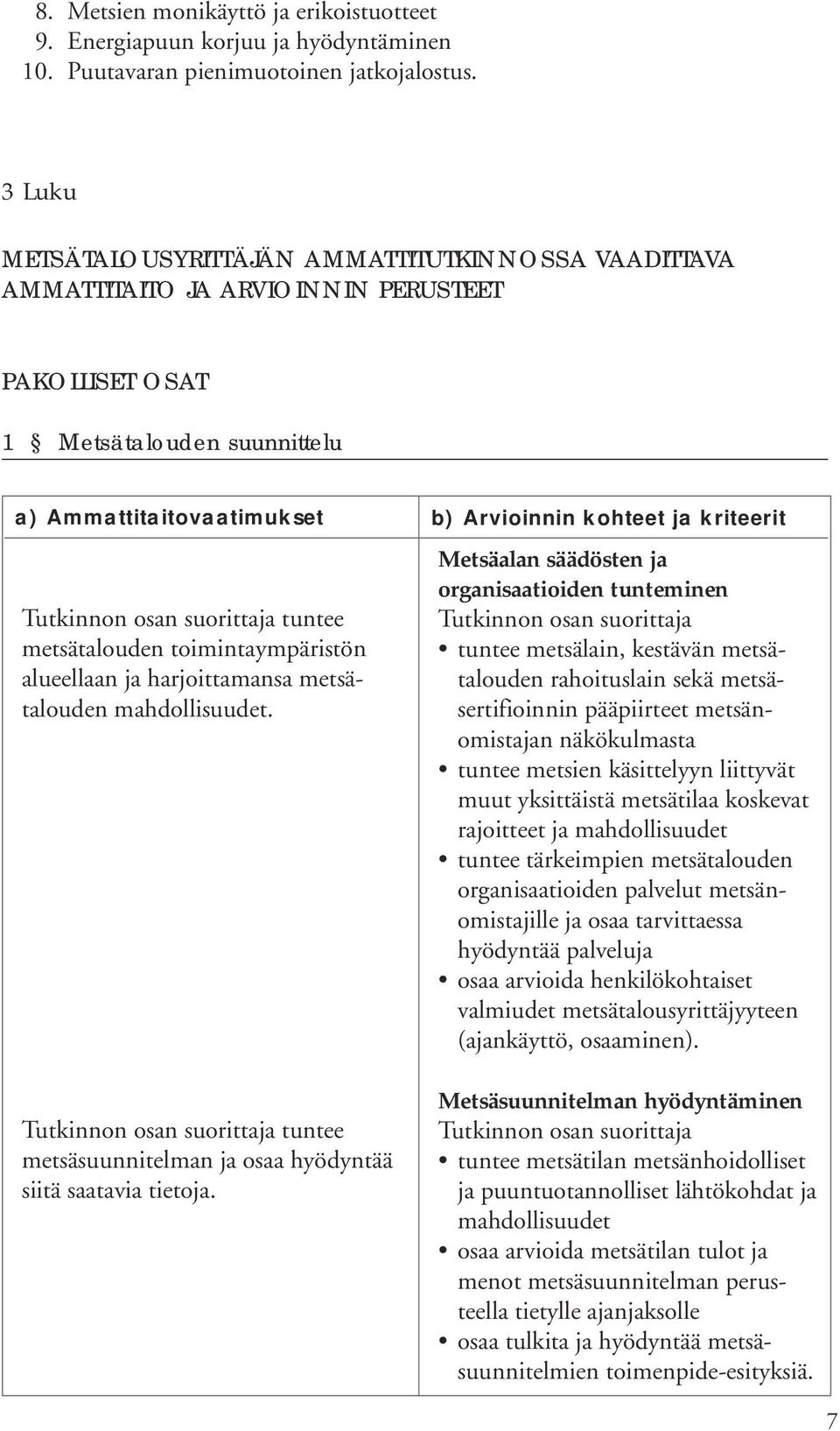 harjoittamansa metsätalouden mahdollisuudet. tuntee metsäsuunnitelman ja osaa hyödyntää siitä saatavia tietoja.