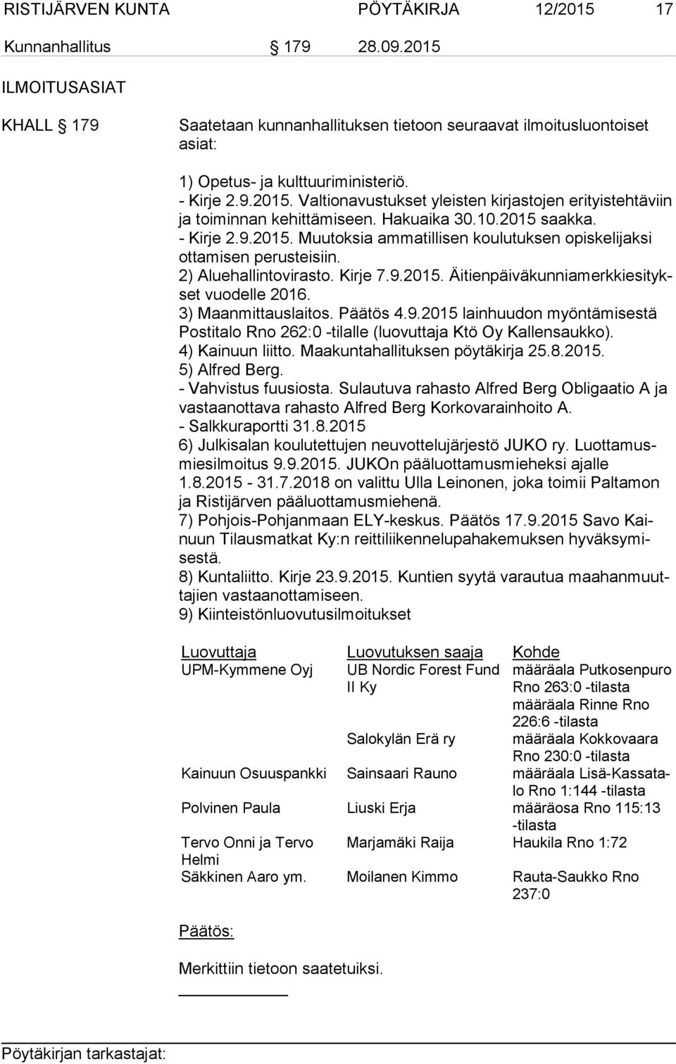 2) Aluehallintovirasto. Kirje 7.9.2015. Äi tien päi vä kun nia merk ki esi tykset vuodelle 2016. 3) Maanmittauslaitos. Päätös 4.9.2015 lainhuudon myöntämisestä Pos ti ta lo Rno 262:0 -tilalle (luovuttaja Ktö Oy Kallensaukko).