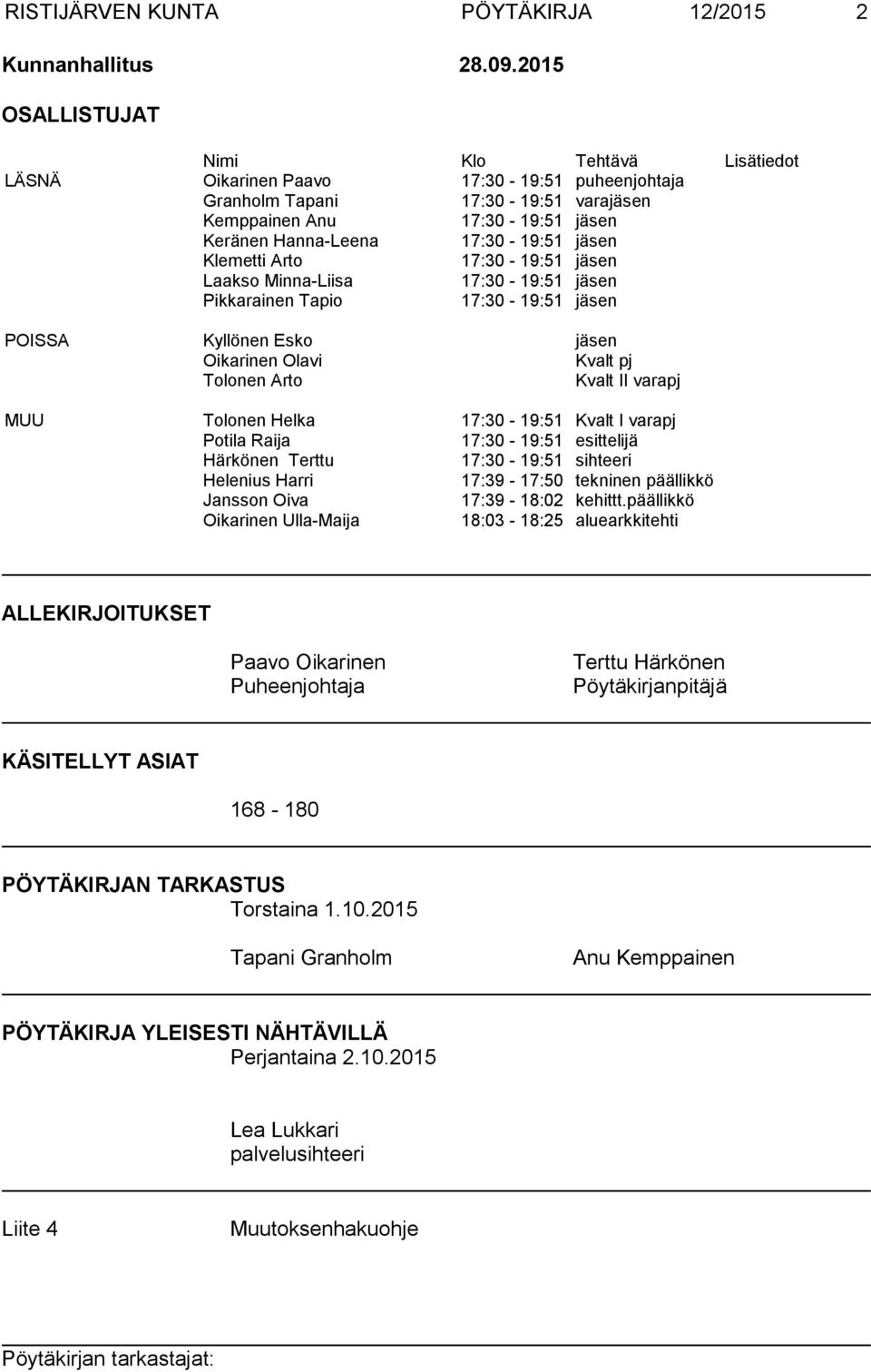 jäsen Klemetti Arto 17:30-19:51 jäsen Laakso Minna-Liisa 17:30-19:51 jäsen Pikkarainen Tapio 17:30-19:51 jäsen POISSA Kyllönen Esko jäsen Oikarinen Olavi Kvalt pj Tolonen Arto Kvalt II varapj MUU