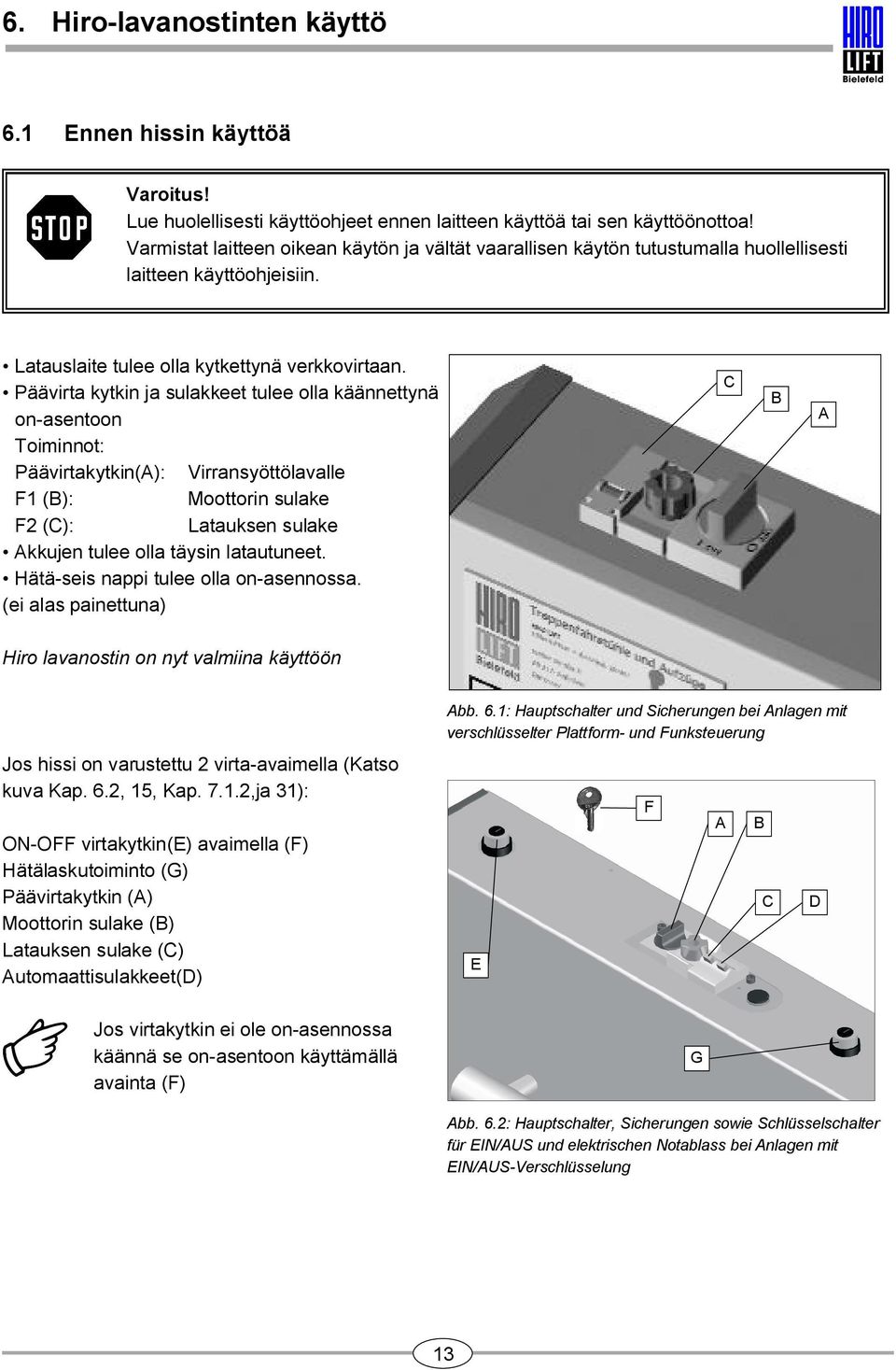 Päävirta kytkin ja sulakkeet tulee olla käännettynä on asentoon Toiminnot: Päävirtakytkin(): Virransyöttölavalle F1 (): Moottorin sulake F2 (C): Latauksen sulake kkujen tulee olla täysin latautuneet.