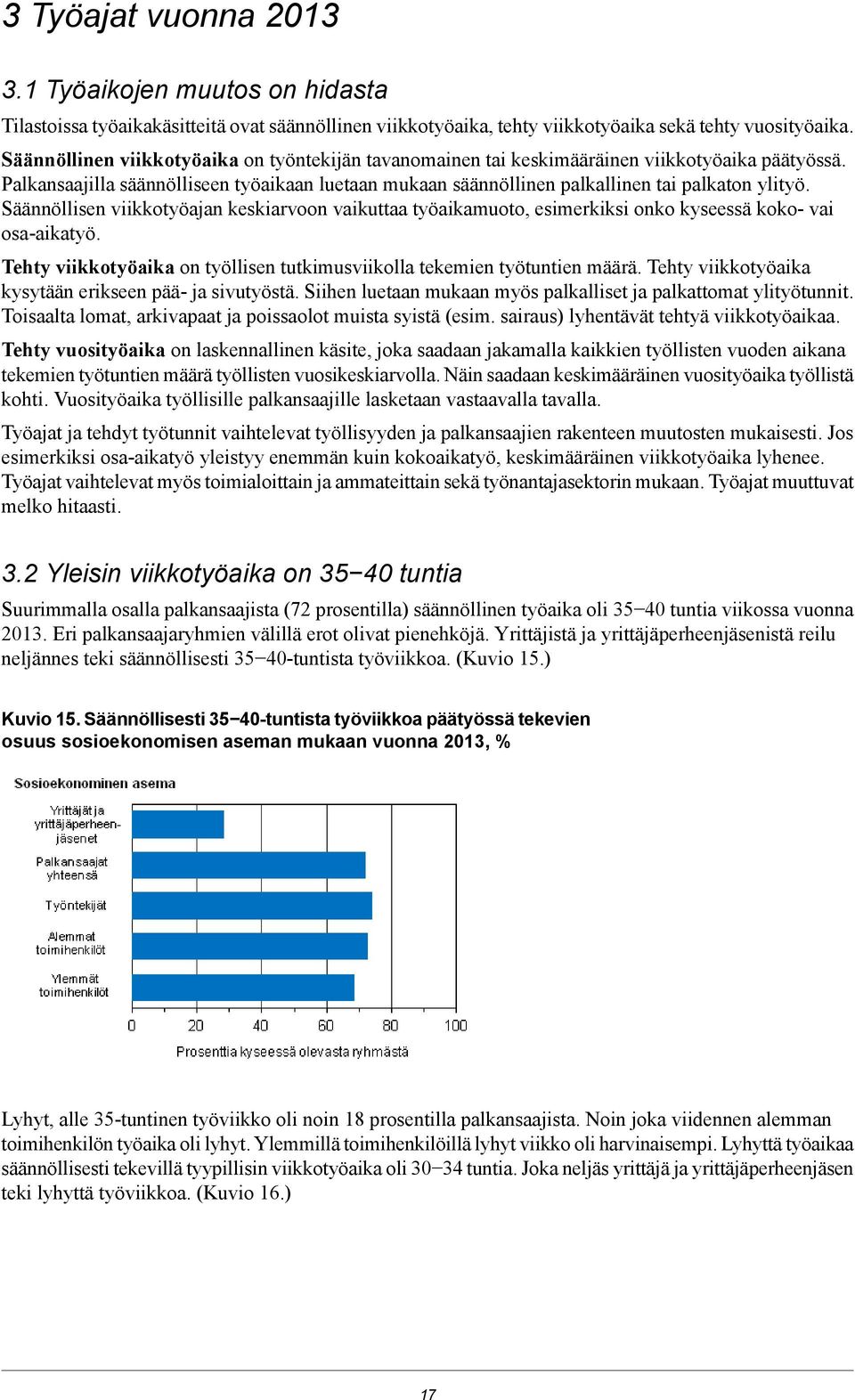 vaikuttaa työaikamuoto, esimerkiksi onko kyseessä koko- vai osa-aikatyö Tehty viikkotyöaika on työllisen tutkimusviikolla tekemien työtuntien määrä Tehty viikkotyöaika kysytään erikseen pää- ja