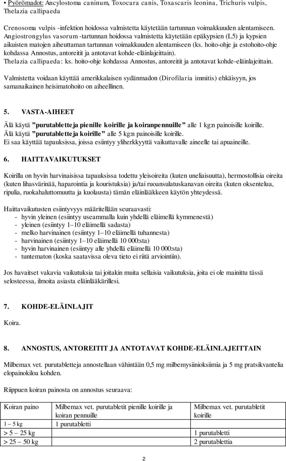 hoito-ohje ja estohoito-ohje kohdassa Annostus, antoreitit ja antotavat kohde-eläinlajeittain). Thelazia callipaeda: ks. hoito-ohje kohdassa Annostus, antoreitit ja antotavat kohde-eläinlajeittain.