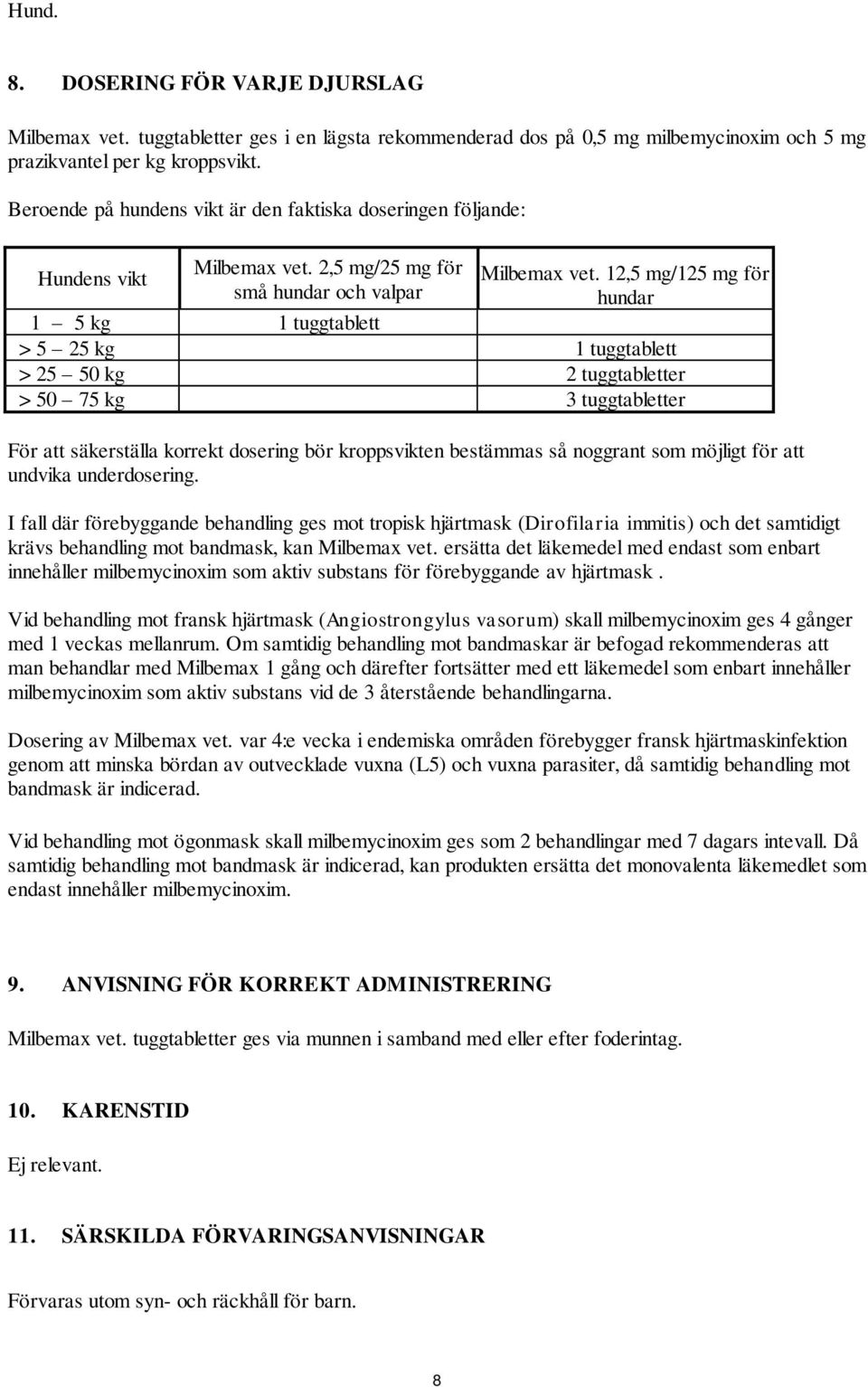 12,5 mg/125 mg för hundar 1 5 kg 1 tuggtablett > 5 25 kg 1 tuggtablett > 25 50 kg 2 tuggtabletter > 50 75 kg 3 tuggtabletter För att säkerställa korrekt dosering bör kroppsvikten bestämmas så