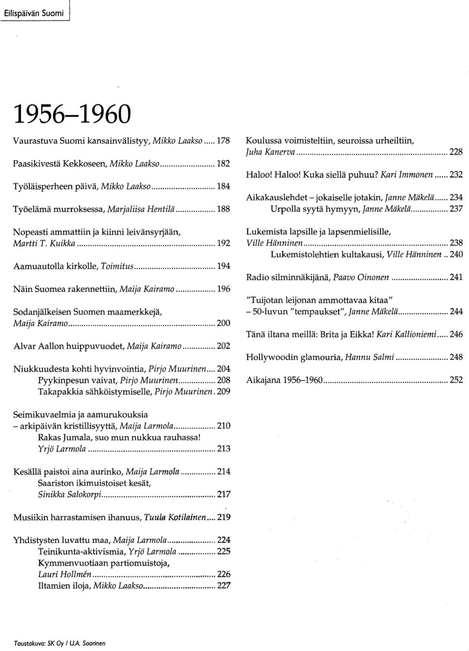 Kuikka 192 Aamuautolla kirkolle, Toimitus 194 Näin Suomea rakennettiin, Maija Kairamo 196 Sodanjälkeisen Suomen maamerkkejä, Maija Kairamo 200 Alvar Aallon huippuvuodet, Maija Kairamo 202