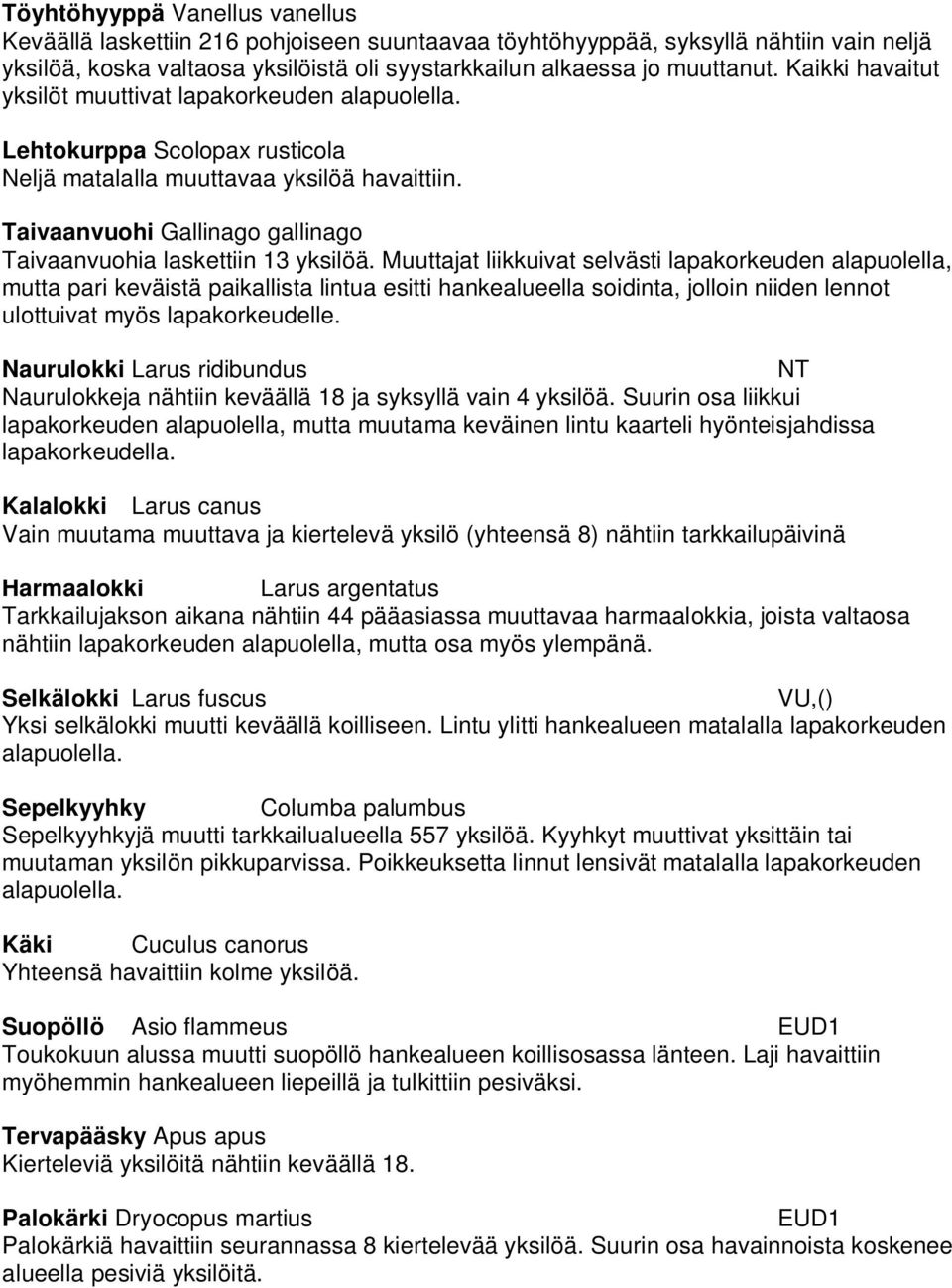 Taivaanvuohi Gallinago gallinago Taivaanvuohia laskettiin 13 yksilöä.