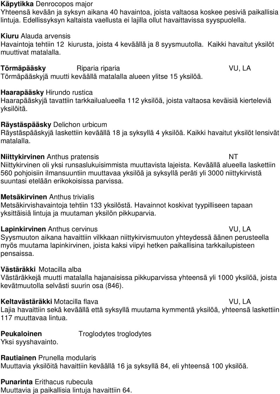 Kaikki havaitut yksilöt muuttivat matalalla. Törmäpääsky Riparia riparia VU, LA Törmäpääskyjä muutti keväällä matalalla alueen ylitse 15 yksilöä.