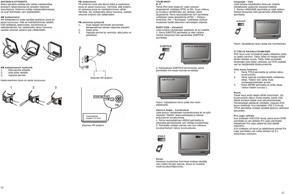 Pidä se mahdollisimman etäällä DVD laitteesta, televisiosta, kaiuttimista ja sähköjohdoista. Jos vastaanotto säilyy huonona, saattaa ulkoinen antenni olla välttämätön.