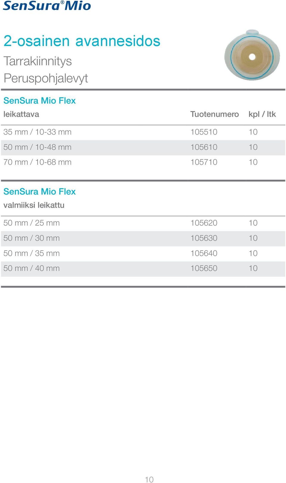 105610 10 70 mm / 10-68 mm 105710 10 SenSura Mio Flex valmiiksi leikattu 50 mm