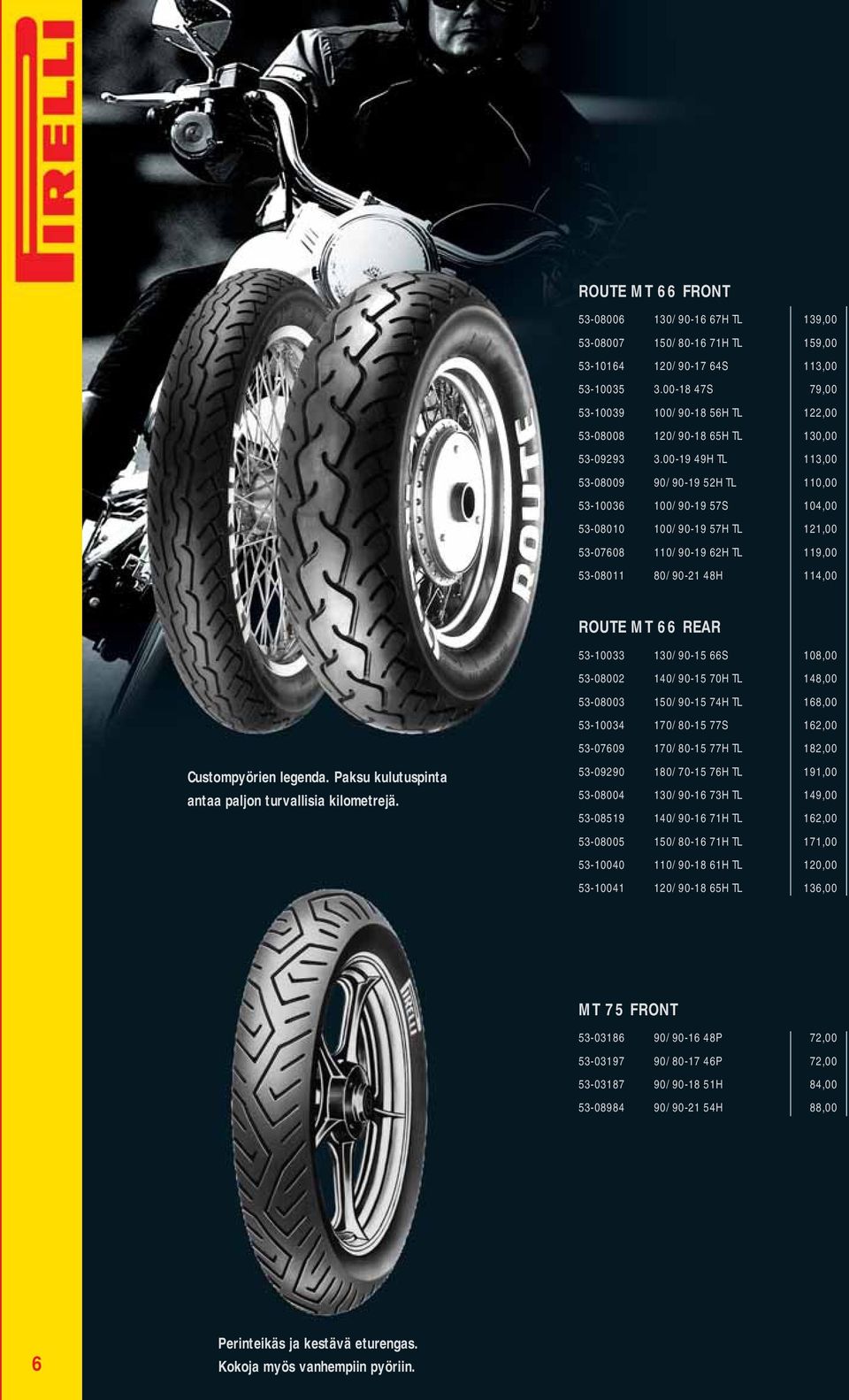 00-19 49H TL 113,00 53-08009 90/90-19 52H TL 110,00 53-10036 100/90-19 57S 104,00 53-08010 100/90-19 57H TL 121,00 53-07608 110/90-19 62H TL 119,00 53-08011 80/90-21 48H 114,00 Custompyörien legenda.