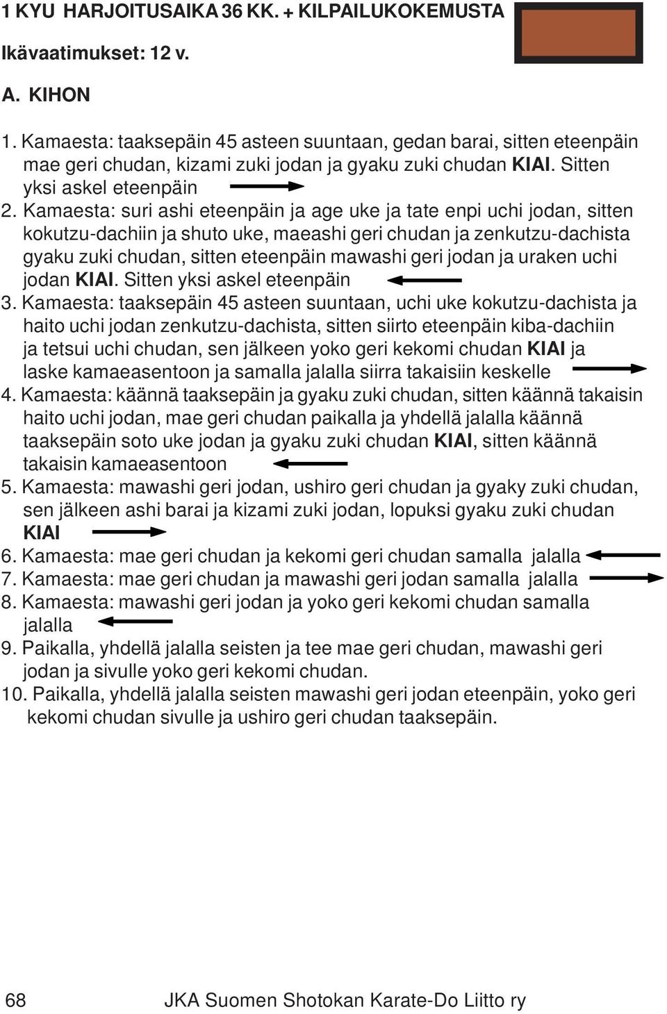 Kamaesta: suri ashi eteenpäin ja age uke ja tate enpi uchi jodan, sitten kokutzu-dachiin ja shuto uke, maeashi geri chudan ja zenkutzu-dachista gyaku zuki chudan, sitten eteenpäin mawashi geri jodan