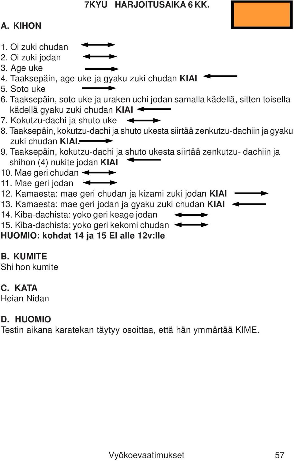 Taaksepäin, kokutzu-dachi ja shuto ukesta siirtää zenkutzu-dachiin ja gyaku zuki chudan KIAI. 9. Taaksepäin, kokutzu-dachi ja shuto ukesta siirtää zenkutzu- dachiin ja shihon (4) nukite jodan KIAI 10.