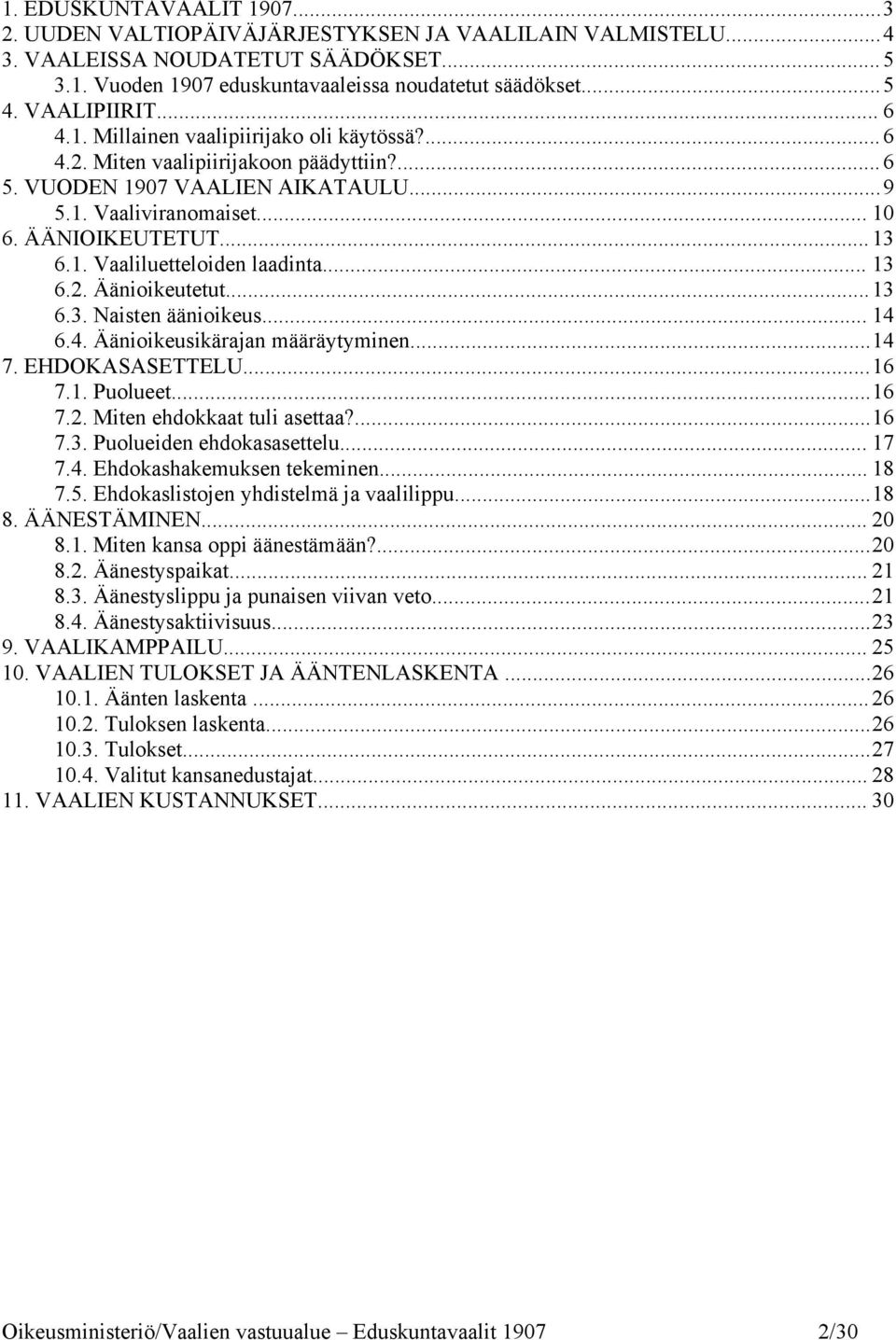 1. Vaaliluetteloiden laadinta... 13 6.2. Äänioikeutetut...13 6.3. Naisten äänioikeus... 14 6.4. Äänioikeusikärajan määräytyminen...14 7. EHDOKASASETTELU...16 7.1. Puolueet...16 7.2. Miten ehdokkaat tuli asettaa?