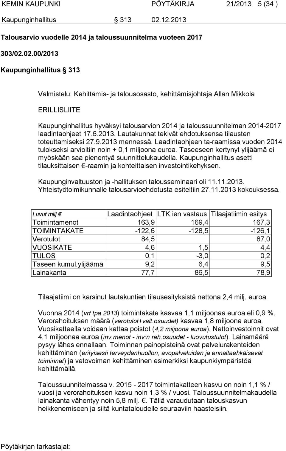 02.00/2013 Kaupunginhallitus 313 Valmistelu: Kehittämis- ja talousosasto, kehittämisjohtaja Allan Mikkola ERILLISLIITE Kaupunginhallitus hyväksyi talousarvion 2014 ja taloussuunnitelman 2014-2017